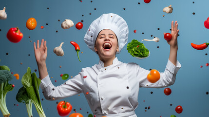 Wall Mural - a cheerful chef, dressed in a white uniform and hat, joyfully raises her arms in celebration as an a