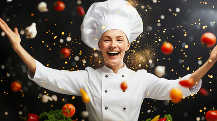 A cheerful chef wearing a white uniform and hat exuberantly throws fresh vegetables and spices into the air, showcasing a lively atmosphere of cooking and creativity