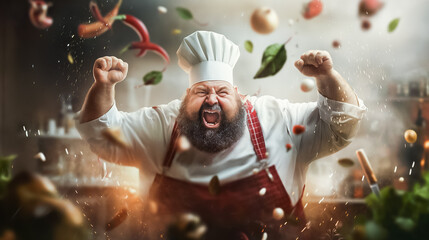 Wall Mural - a chef expresses immense joy in a lively kitchen, surrounded by flying herbs and vegetables. his ene