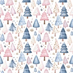 Wall Mural - Pretty watercolour style seamless repeating pattern of cute pink & blue christmas trees, great for stationery and fabric.