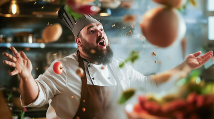 Wall Mural - a chef with a beard and chef’s hat exuberantly throws fresh vegetables and fruits into the air, crea