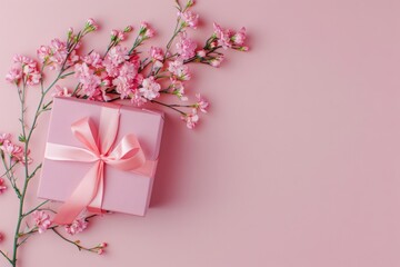 Pink gift box with ribbon and flowers on a pink background. Flat lay composition with copy space. Gift, celebration, and floral concept. Generative AI