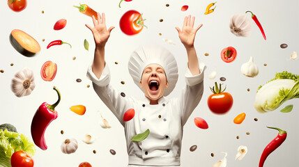 Wall Mural - a chef joyfully raises her hands in celebration as vegetables and herbs swirl around her, embodying 