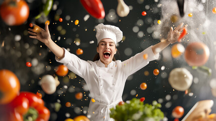 Wall Mural - a happy chef is enthusiastically tossing colorful vegetables into the air, creating a lively atmosph