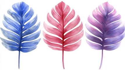 Wall Mural - Watercolor Tropical Leaf Set   Blue  Pink  Purple   Isolated on White Background