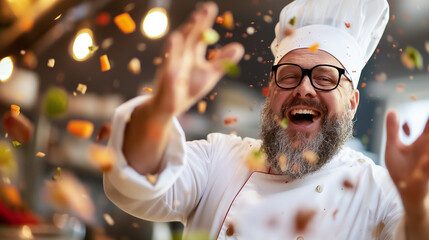 Wall Mural - a happy chef with a beard and glasses joyfully celebrates in a busy kitchen as colorful ingredients 
