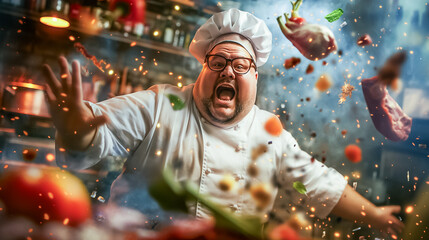Wall Mural - a chef in a busy kitchen passionately reacts as vegetables and meat fly through the air while prepar