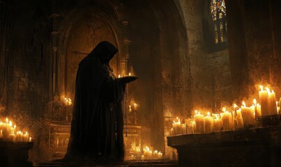 Wall Mural - Hooded figure praying in candlelit church.