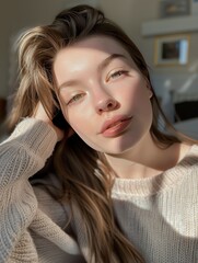 Canvas Print - Close-up portrait of a young woman with long brown hair, wearing a white sweater and looking at the camera.