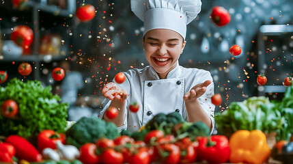Wall Mural - a smiling chef enjoys her work, tossing bright tomatoes in the air while surrounded by an array of f