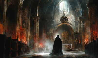 Wall Mural - Dark figure stands in a gothic cathedral.