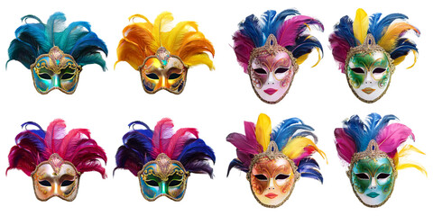 bright Venetian face masks with feathers. Decorative element for traditional Mardi Gras carnivals, holiday masquerade, costumed party