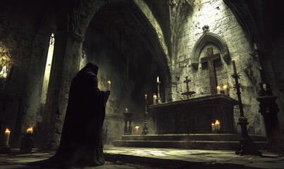 Wall Mural - A hooded figure stands in a dark church.