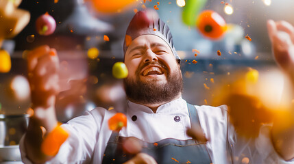 Wall Mural - a chef enthusiastically tosses a variety of colorful fruits into the air in a lively kitchen, radiat