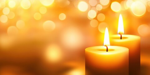 Wall Mural - background two glowing candles with a soft golden bokeh background, creating a warm, peaceful, and serene atmosphere