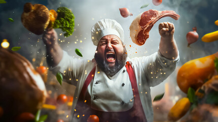 Wall Mural - an exuberant chef in a white hat and apron passionately cooks in a busy kitchen, surrounded by fresh