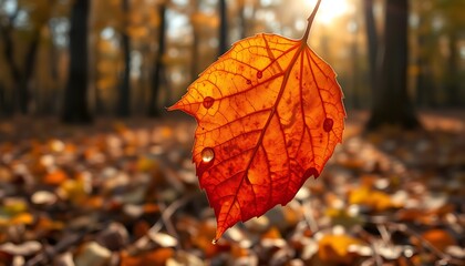 Wall Mural - Visualize a close-up photograph of an autumn leaf captured in stunning detail, showcasing the rich textures and vibrant colors of fall.