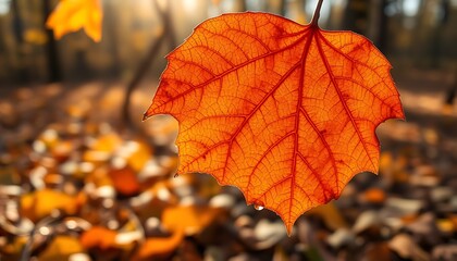 Wall Mural - Visualize a close-up photograph of an autumn leaf captured in stunning detail, showcasing the rich textures and vibrant colors of fall.