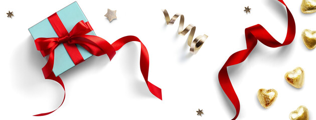 Wall Mural - design elements for christmas background. christmas gift box and golden candies and red ribbon on tr
