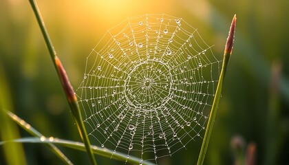 Imagine a macro photograph capturing a dew-covered spider web nestled between two delicate blades of grass. 