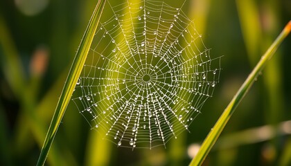 Imagine a macro photograph capturing a dew-covered spider web nestled between two delicate blades of grass. 