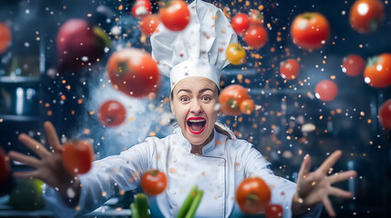 Wall Mural - A spirited chef in a white uniform enthusiastically throws fresh tomatoes in the air while surrounded by vibrant colors in a lively kitchen atmosphere