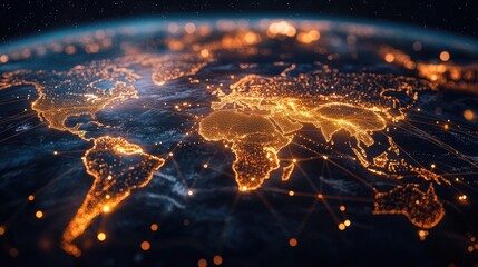 Poster - Glowing lines connecting points across a digital map, illustrating global technological and communication networks.