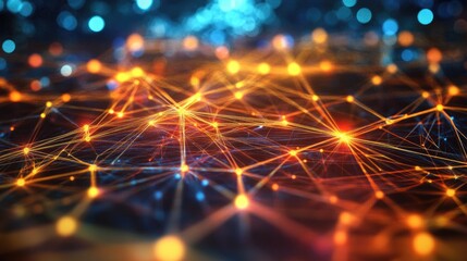 Poster - glowing lines of light forming a 3d digital grid, representing data networks and cyberspace.
