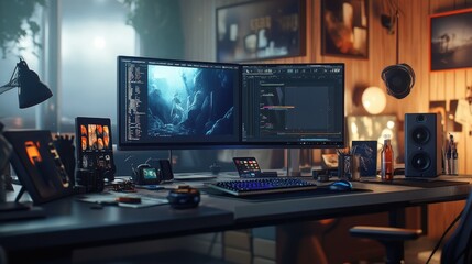 Poster - High-res visual of a designer's workspace, featuring advanced software on-screen and creative technology tools in use, capturing the essence of digital artistry.