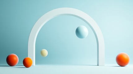 Poster - Abstract composition with colorful spheres and white arch on blue background