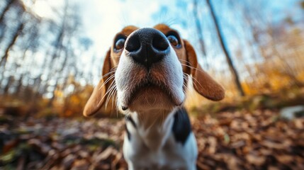 A curious dog with a large snout looks into the camera, with autumn leaves and trees in the blurry background, creating a humorous and endearing close-up.