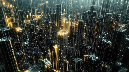 Poster - High-resolution image of a 3D-rendered futuristic cityscape made of digital lines and shapes, perfect for a tech-centric design project.