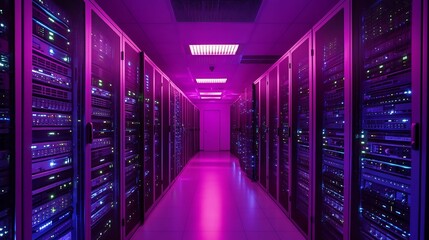 Poster - A long hallway lined with server racks, illuminated by a soft pink light.