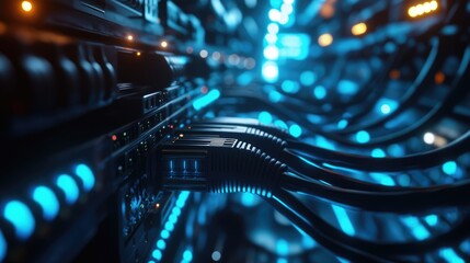 Poster - A close-up of a network server room filled with blue-lit cables and routers, representing a secure data network infrastructure.