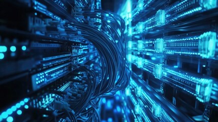Poster - A close-up of a network server room filled with blue-lit cables and routers, representing a secure data network infrastructure.