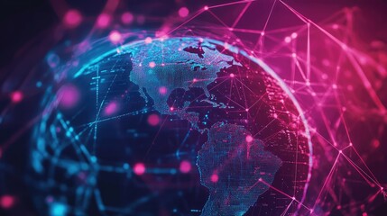 Poster - A digital globe surrounded by connected lines and data points, symbolizing global network connectivity and cyber communication.