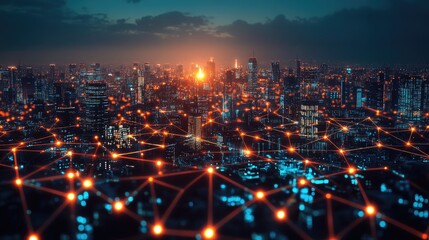 Poster - A glowing city skyline with data streams running through buildings, illustrating the concept of smart cities and networked infrastructure.