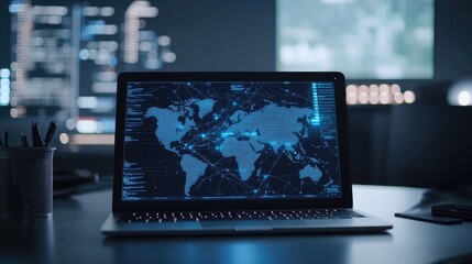 Poster - A laptop on a desk displaying a real-time network connection monitor, with digital maps and data flow visualizations.