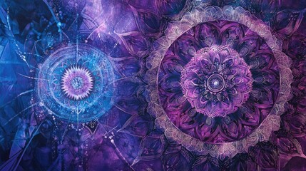 Poster - A vibrant geometric lines pattern with circular and radial lines intersecting to form intricate, symmetrical designs in shades of purple and blue.