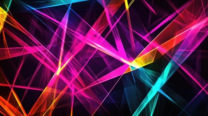 Poster - Abstract geometric lines in neon colors intersecting at sharp angles, set against a dark background for a vibrant and edgy visual effect.