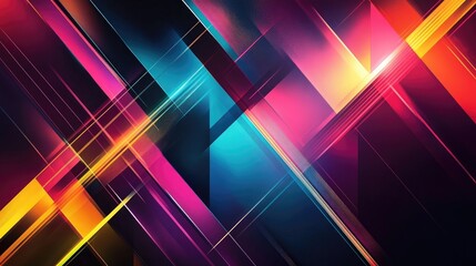 Poster - Abstract geometric lines in neon colors intersecting at sharp angles, set against a dark background for a vibrant and edgy visual effect.