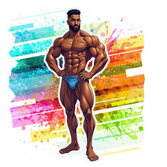 Wall Mural - Sticker illustration of a muscular shirtless male bodybuilder on a transparent background 