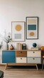 © Artistic Visionary - Mid-Century Modern Living Room Interior with Colorful Dresser and Abstract Art