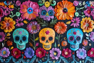 A papel picado banner with colorful skull and flower motifs. 