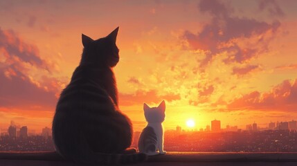 Naklejka na meble Two cats, one black and one white, sit side-by-side on a rooftop, gazing at the city skyline as the sun sets behind them.
