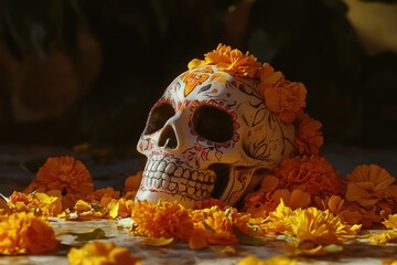 A sugar skull adorned with marigold petals. 