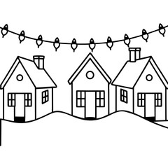 Wall Mural - Snowy Houses Adorned with Christmas Lights - Vector Art