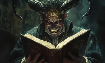 Wall Mural - Devilish figure with horns reading a book.