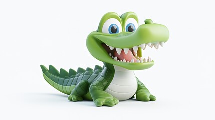 Cute cartoon green crocodile with big eyes and white teeth, isolated on white.