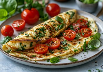 A close-up of an omelet with tomatoes and herbs.